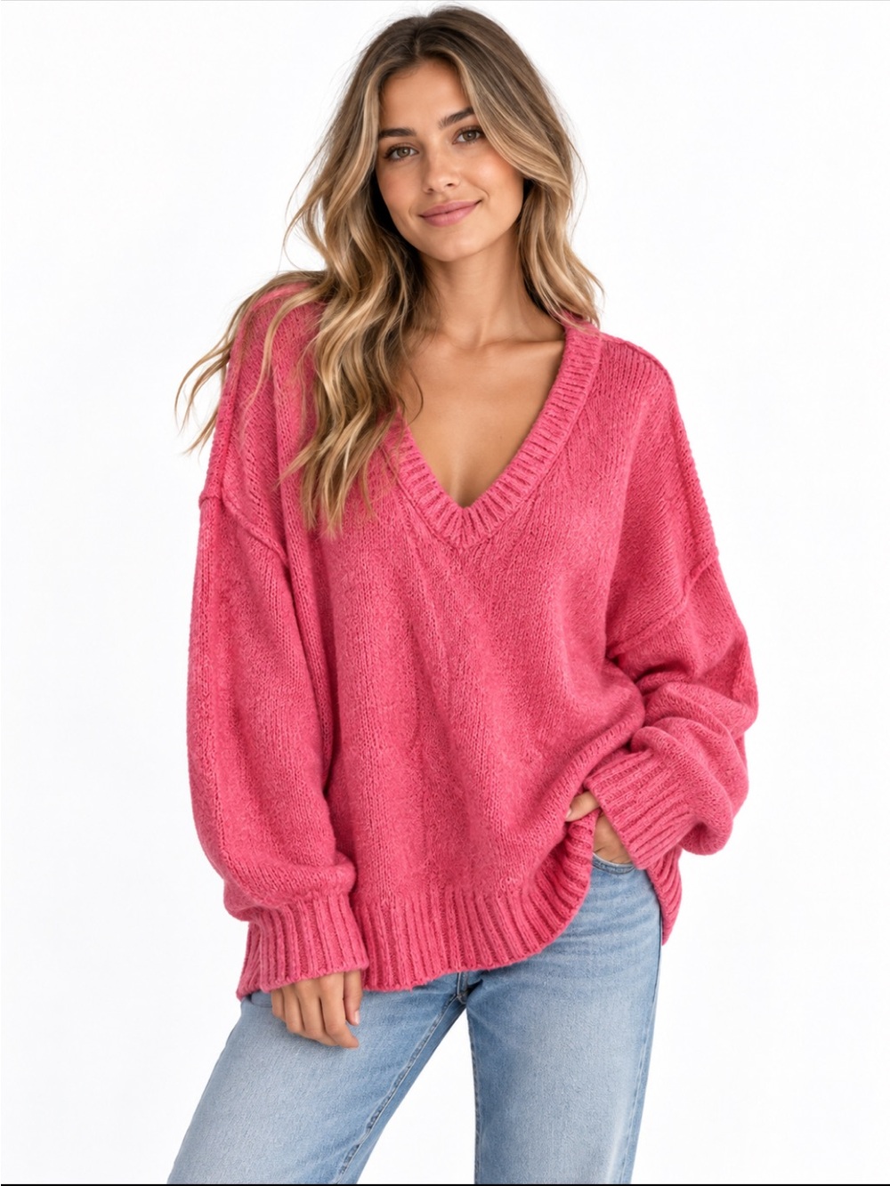 Free People Brookside Tunic Sweater Pink Oversized V Neck Cotton Blend Small